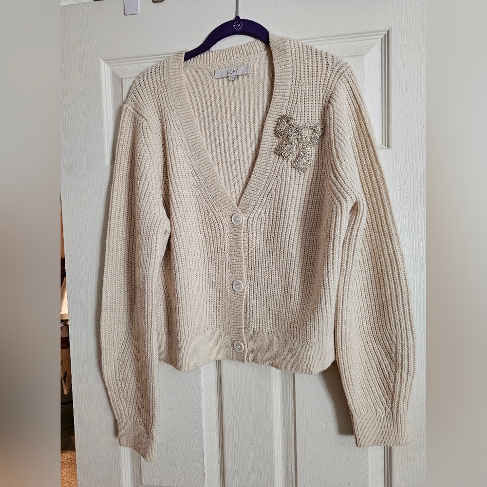 LOFT Beige Cardigan with Bow Accent